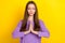 Photo of attractive nice dreamy woman wear purple sweater closed eyes palms together meditation pause worker isolated on