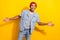 Photo of attractive positive man wear fashionable outfit showing gesture come here glad see you isolated on yellow color