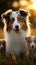 Photo Australian Shepherd dogs, mom and puppies playing in sunset meadow