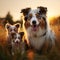 Photo Australian Shepherd dogs, mom and puppies playing in sunset meadow