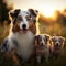 Photo Australian Shepherd dogs, mom and puppies playing in sunset meadow