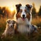 Photo Australian Shepherd dogs, mom and puppies playing in sunset meadow