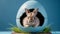 Photo Of Baby Rabbit In A Egg On Blue Background. Generative AI