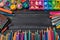 Photo Back to school supplies background assorted educational tools displayed