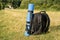 Photo backpack standing in a grass