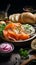 Photo Bagel brunch spread featuring smoked salmon, pickled cucumber, and cream