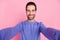 Photo of beard cool millennial guy do selfie wear blue sweater isolated on pastel pink color background