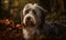 photo of bearded collie in forest druing sunset. Generative AI