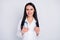 Photo of beautiful cheerful professional practitioner intern lady good mood friendly smiling looking patient wear white