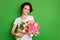 Photo of beautiful cute lady wavy short hairdo hold large big tulips surprise bunch present secret admirer delivery