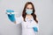 Photo of beautiful doc lady young professional hold hand latex gloves thermometer border control wear protective glasses
