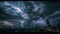 Photo of beautiful powerful lightning over big city, zipper and thunderstorm, abstract background, dark blue sky with