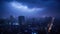 Photo of beautiful powerful lightning over big city, zipper and thunderstorm, abstract background, dark blue sky with