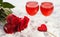 Photo of beautiful Valentine day dinner still life, two glasses for champagne, alcohol beverage, romantic drink, sparkling wine, r