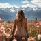 photo from behind of adventurous traveler woman standing in pink flower field looking at mountains