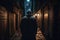 A photo from behind of a man standing in a dark alley at night, fear, suspense, thriller, and horror concepts created by