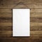 Photo of blank white vintage canvas hanging on the wood background. Vertical mockup. 3d render