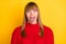 Photo of blond nice optimistic lady tongue out crossed eyes wear red sweater isolated on bright yellow color background