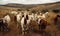 Photo of Boer goats grazing on the tall grass in African savannah with rolling hills and sparse vegetation in the background