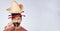 Photo booth mockup, hat and face of man in studio with mustache for comic, humor and funny joke. Happy, Mexican party