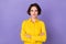 Photo of boss young bob hairdo lady crossed arms wear yellow blouse isolated on violet color background