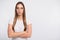 Photo of bossy lady listening colleague attentively wear specs and t-shirt isolated white background