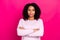 Photo of bossy millennial brunette lady crossed arms wear pink shirt isolated on magenta color background