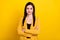 Photo of bossy young hr lady crossed arms wear yellow blazer  on vivid color background