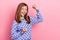 Photo of brown sweet hooray teen girl yell wear checkered sweater  on pink color background