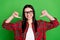 Photo of brunette funny young lady point herself wear spectacles red shirt isolated on green color background