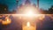 A photo of a building illuminated by numerous lit candles placed in front, Candles lighting up a mosque at night