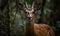 photo of bushbuck on blurry forest background. Generative AI
