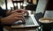 Photo business people working on modern loft office. hand of business person sitting wood table and using contemporary