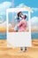 Photo cadre image snapshot 3d collage of happy cute family two married people walk sand seaside celebrate honeymoon