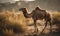 photo of camel standing on a sahara desert. Generative AI