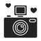 Photo camera black glyph icon. Photo session. Isolated vector element. Outline pictogram for web page, mobile app, promo