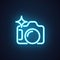 Photo camera blue neon icon. Sign photo Studio concept label or interface label for games, websites and mobile apps