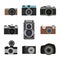 Photo camera flat icons set. Retro photography equipment. Cameras lens vector