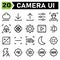 Photo Camera icon set include mode, cloud, rain, photo, camera, interface, download, upload, preferences, setting, adjustment,