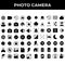 Photo camera icon set include mode, video, timer, screen shot, camera, sun, photo, light bulb, padlock, speaker, shutter, crop,