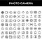 Photo camera icon set include mode, video, timer, screen shot, camera, sun, photo, light bulb, padlock, speaker, shutter, crop,