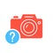 Photo camera icon, technology icon with question mark. Photo camera icon and help, how to, info, query symbol