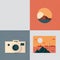 Photo camera and landscapes, minimalist collage, tourism concept.