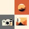 Photo camera and landscapes, minimalist collage, tourism concept.