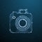 Photo camera polygonal image on dark blue background. Low poly digital photography equipment. Vector wireframe