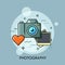 Photo camera, printed photos and heart. Photography lovers, favorite hobby concept