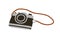 Photo camera on strap. Analog film photocamera, lens photography equipment. Retro photographic cam. Nostalgia object for