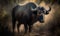 photo of Cape buffalo standing on forest path with sunset light rays. Generative AI