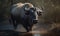 photo of Cape buffalo standing in forest river at sunset. Generative AI
