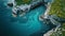 This photo captures an aerial perspective of a stunning body of water encircled by towering cliffs, Panoramic aerial view of a